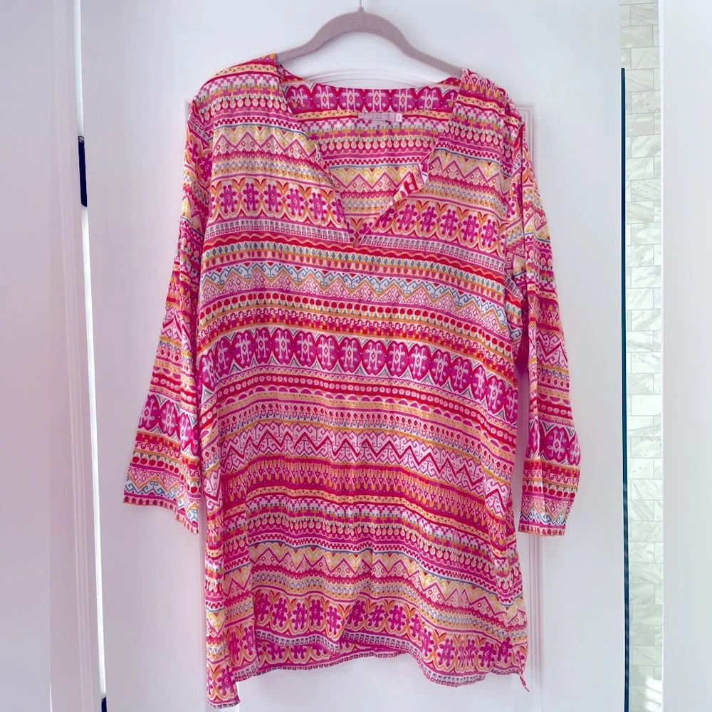 Calypso St. Barth Pink Orange Cotton Kaftan Beach Cover Up Tunic Small Resort - Picture 2 of 5